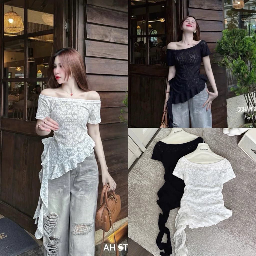 Áo Ren Lưới Trễ Vai Họa Tiết Lá Liễu Bèo Hottrend Tua Rua AH2394