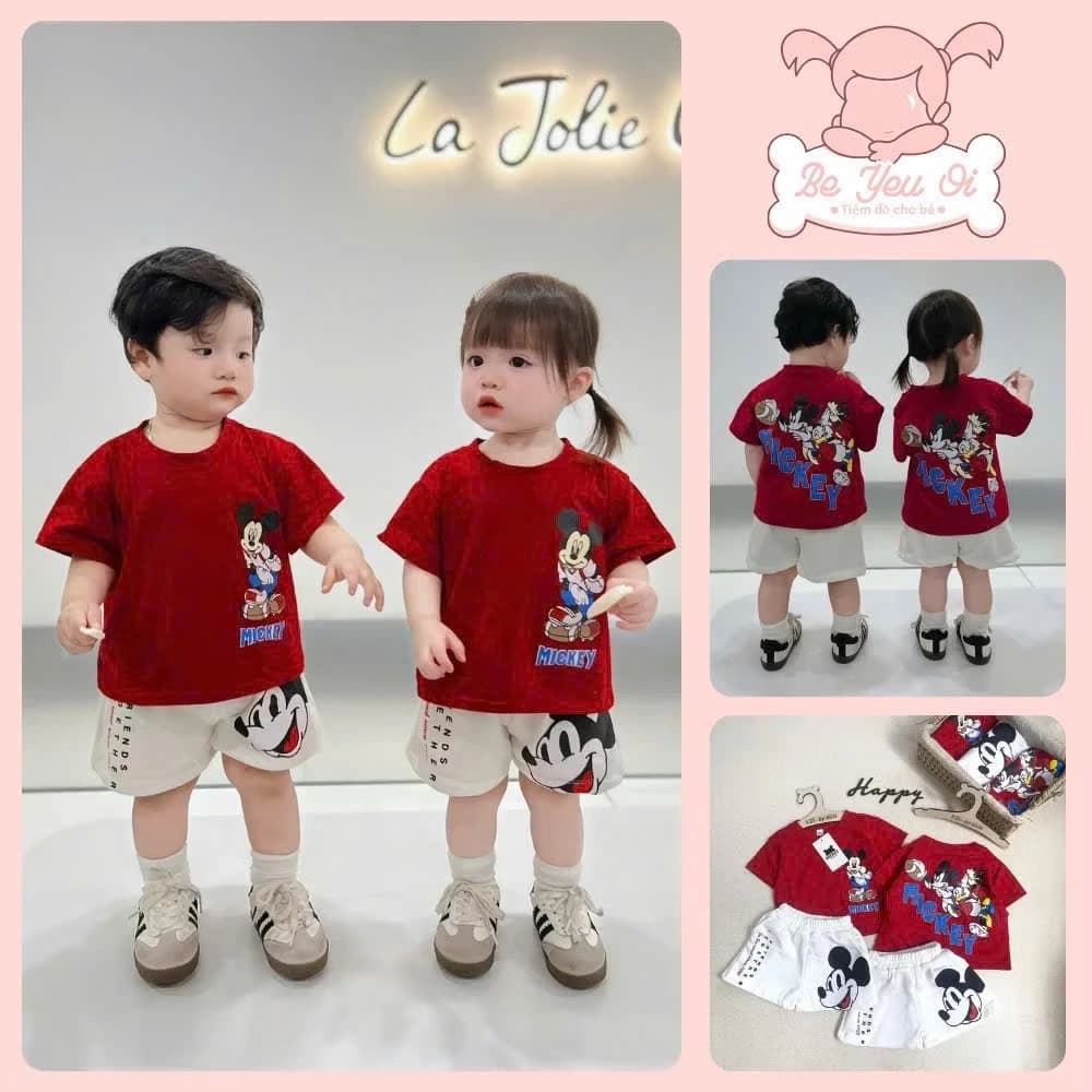 Sét Bộ Bé Trai Bé Gái [ Họa Tiết Mickey Đỏ ] Chất Liệu Cotton Mềm Mịn Size 8-20kg Đồ Trẻ Em