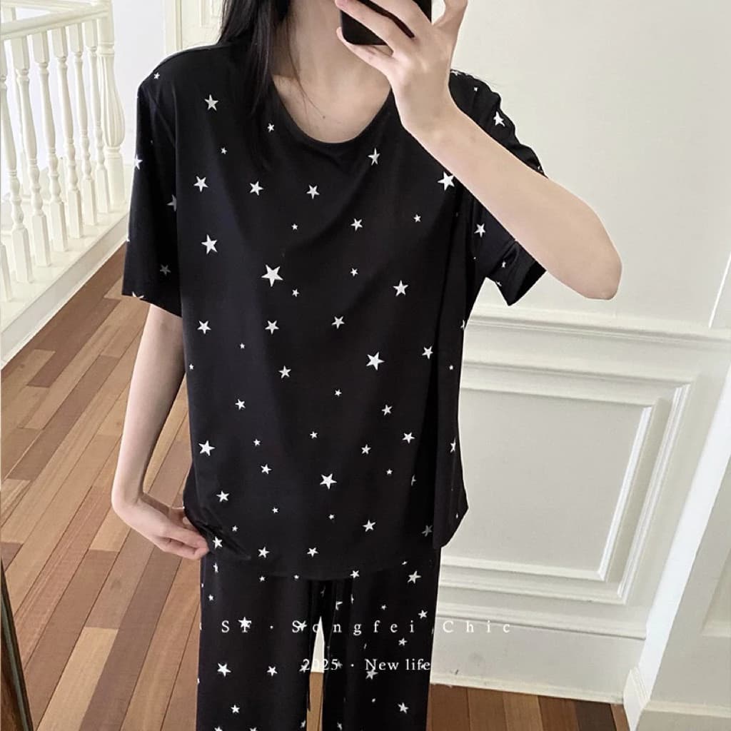 Bộ Pijama Nữ Mặc Nhà In Sao songfei , Đồ Ngủ Nữ Mùa Hè Chất Lụa Mềm Mịn Mát, Bộ Đồ Ngủ 2 Món Có Mút Ngực Tháo Rời