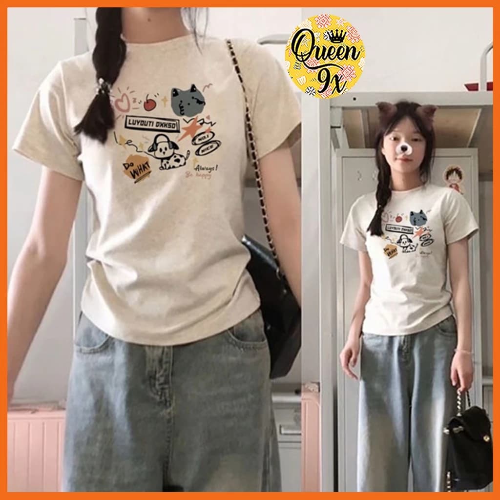 Áo Babybtee Kiểu Thun Nữ Cổ Tròn Xám Tiêu In Hình Cún Music Dễ Thương
