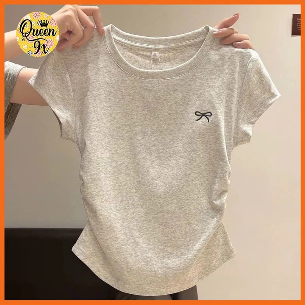 Áo kiểu nữ croptop babytee ôm body mặc bassic cực xinh Xám Thêu Nơ xinh xắn