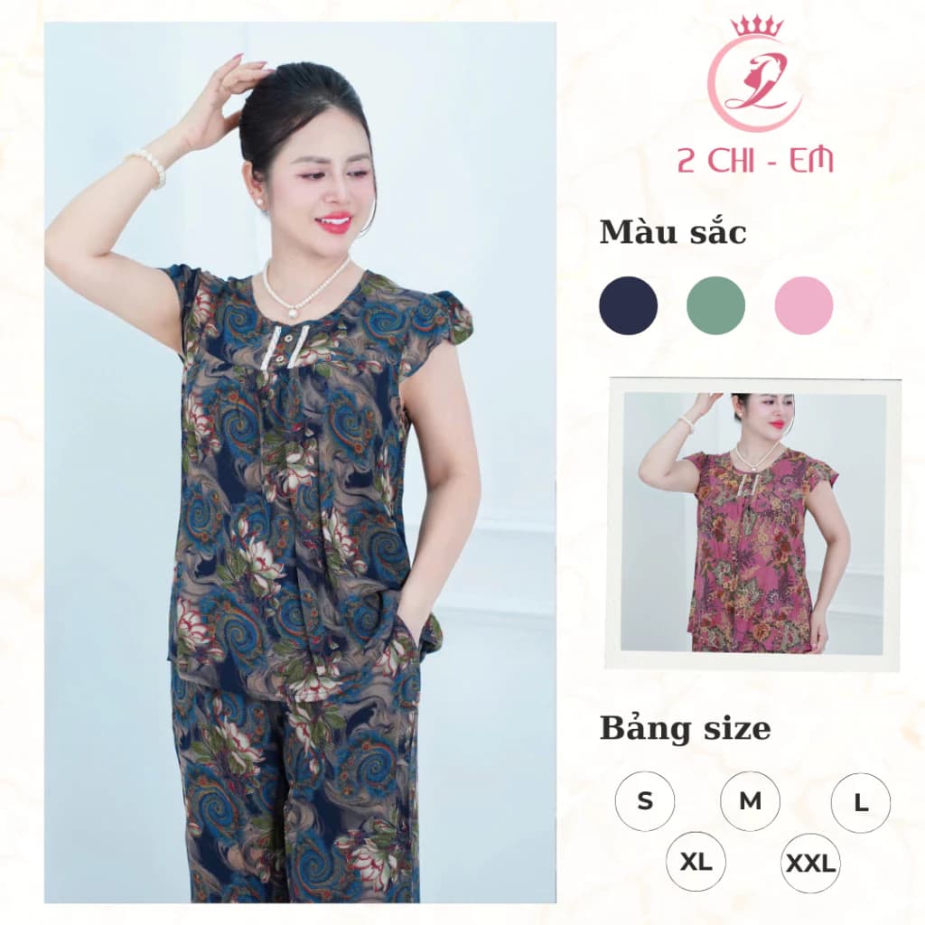 Đồ bộ trung niên, Sét đồ kiểu cho các mẹ,quần lửng suông, áo cổ kiểu, chất tole nhung thoáng mát Ms95
