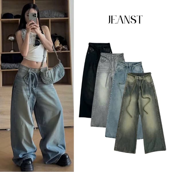 Quần Jeans Unisex Ống Rộng Phối Dây Trendy Chuẩn Gen Z, Phong Cách Cá Tính, Chất Đường Phố