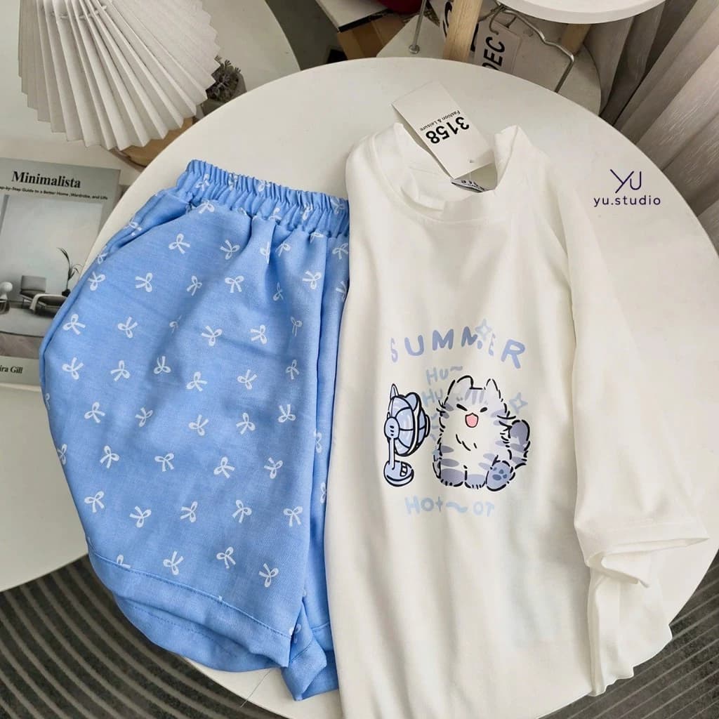 Bộ thun nữ YUSTUDIO quần đùi vân mây kèm áo cotton khô 3158 mặc nhà mẫu quần Xanh Nhạt