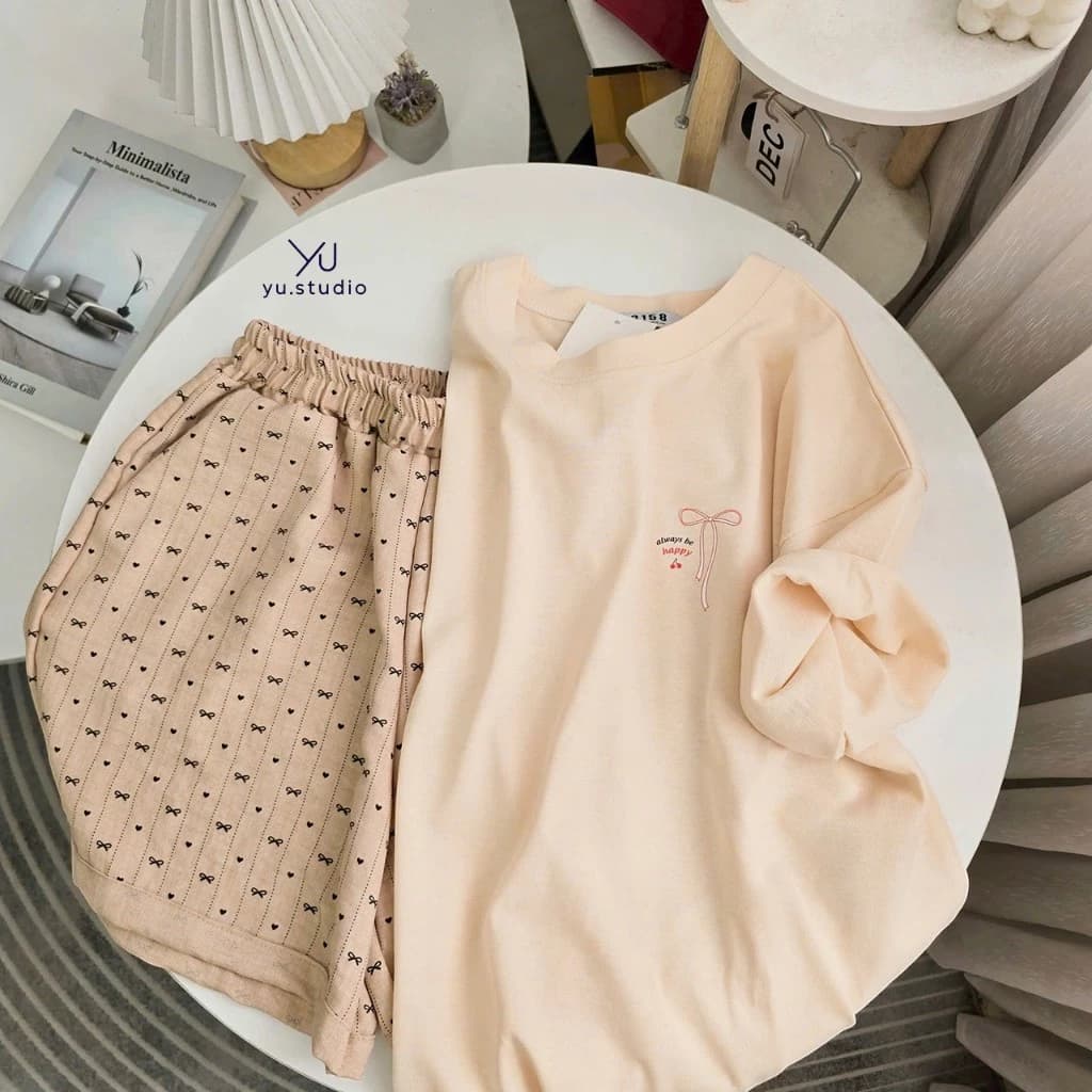 Bộ thun nữ YUSTUDIO quần đùi vân mây kèm áo cotton khô 3158 mặc nhà mẫu quần Nâu Nhạt