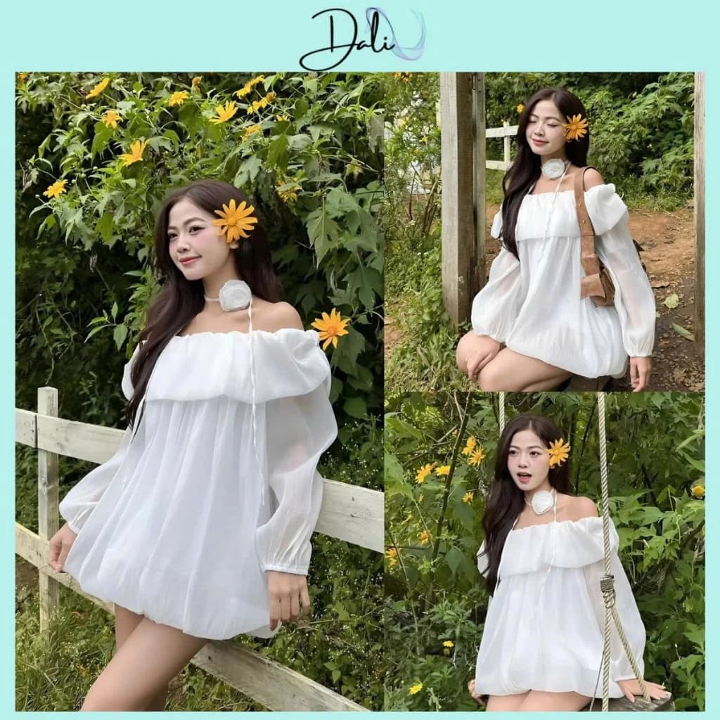 Đầm Trễ Vai Tay Bồng Dáng Bí Chất Liệu Tơ Xốp + Tặng Dây Hoa + Quần Mặc Trong