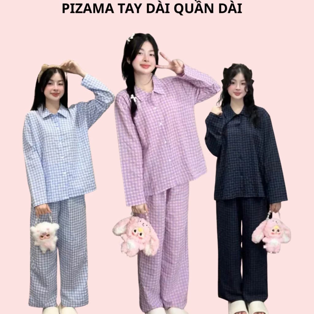 Bộ pijama DÀI DÀI không viền cho nữ phối cổ sen, bộ đồ ngủ mặc nhà pijama tay dài quần dài hoạ tiết caro