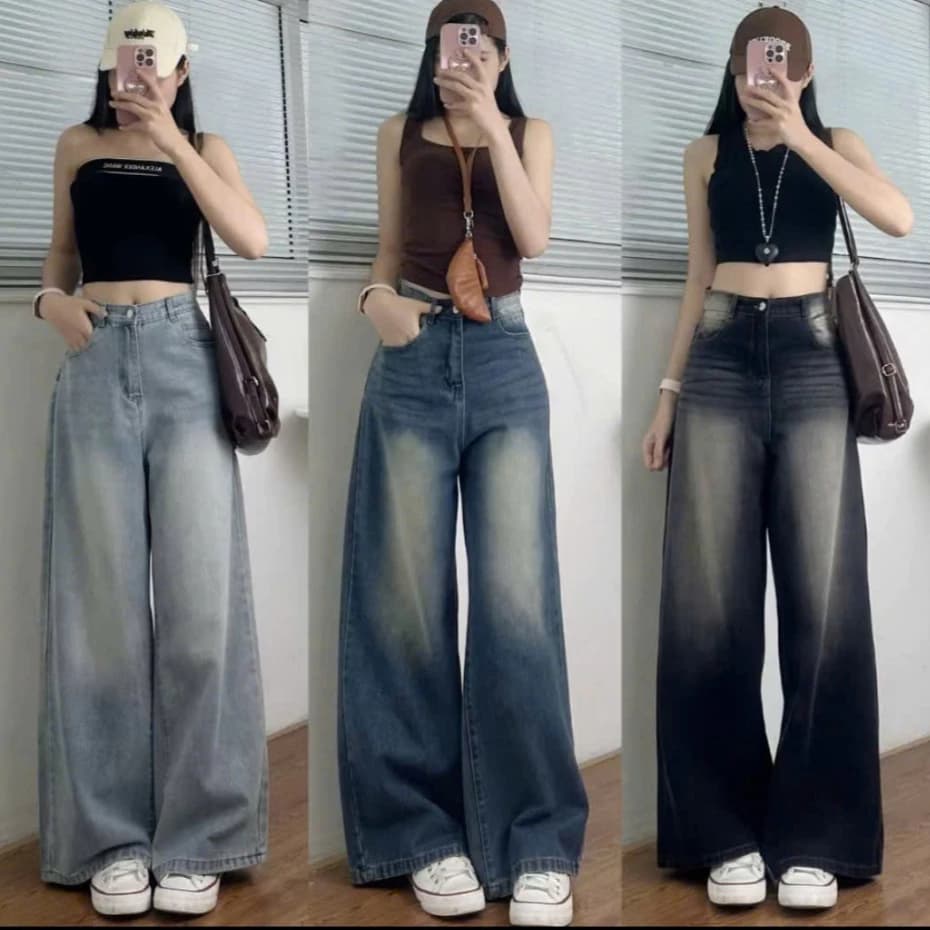 Quần jean nữ ống rộng, quần baggy nữ ống suông basic chất demin cạp cao thời trang Bi shop173 ms072