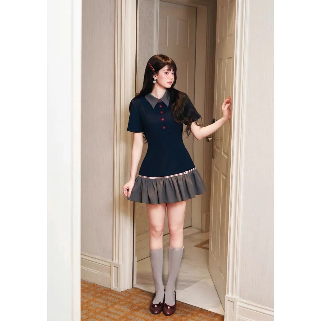 (40-80kg) Đầm Váy Xanh Đen Cổ Xám Nút Đỏ Tùng Xám Nhún Xòe (Có BigSize) UnihomeClothing CQ305