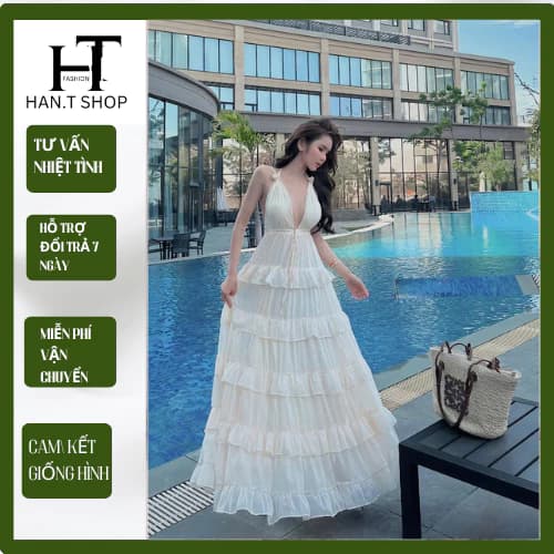 [ BKN 924 ] Đầm MAXi TƠ GÃY tầng hai lớp có mút ngực dài xoè to chuẩn hình cao cấp HAN,T SHOP