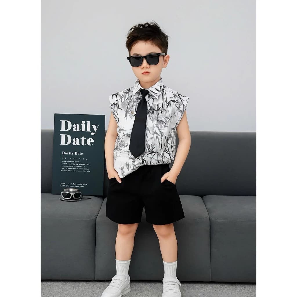 (TẶNG KÈM CAVAT ĐEN) Set bộ sơ mi lụa ba lỗ in hình tre trúc cool ngầu cho bé trai 8-18kg