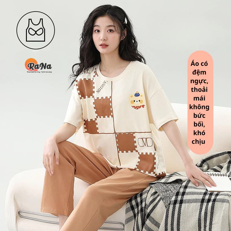 Đồ bộ mặc nhà có lót đệm ngực bên trong mặc đi chơi đi chợ quần dài áo tay lỡ phong cách trẻ trung, hiện đại RaNa