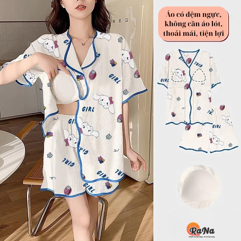 Bộ mặc nhà tay lỡ có đệm ngực cố định, chất liệu nhẹ, phù hợp học sinh, mẹ bỉm, dân văn phòng.