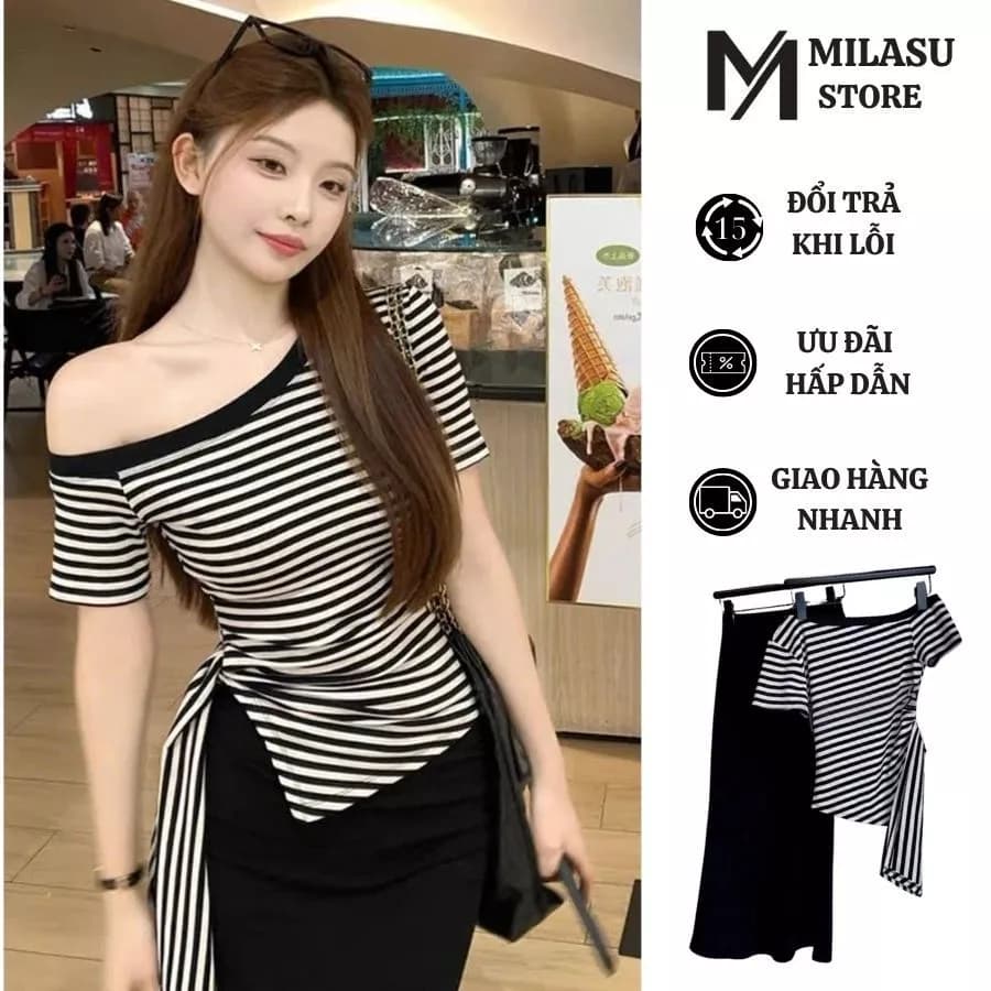 Set Áo Lệch Vai Kẻ Sọc Vạt Nhọn Buộc Dây Eo Kèm Chân Váy Dáng Dài Đuôi Cá Milasu 429