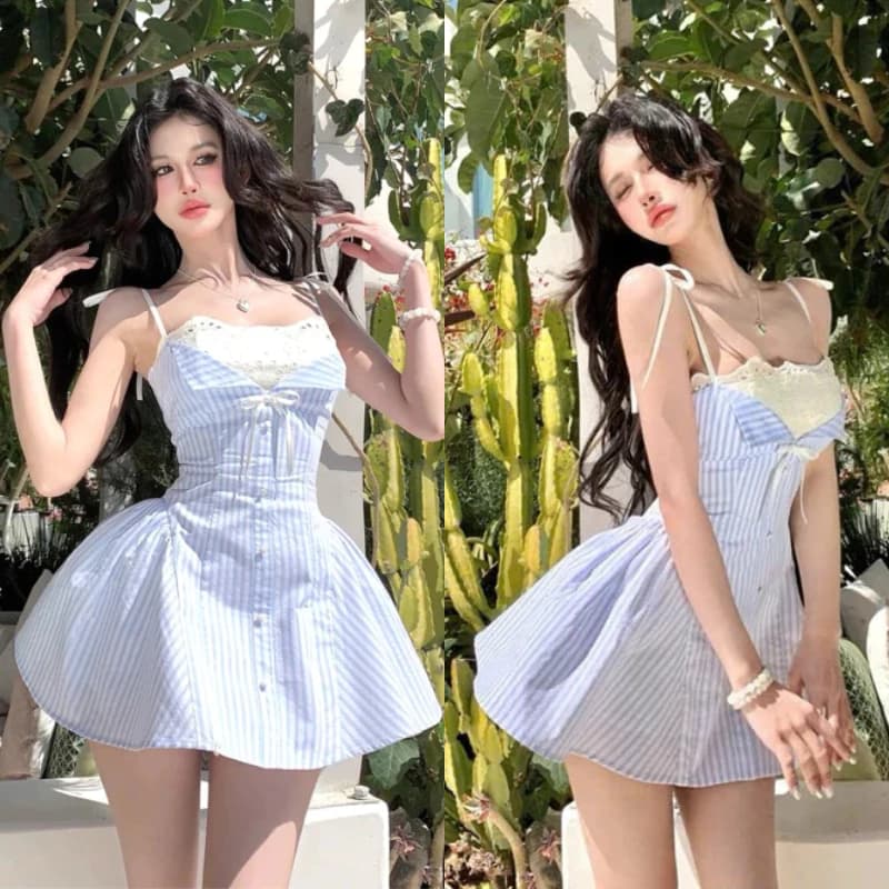 Váy Hai Dây Kẻ Xanh Xẻ Ngực Phối Ren Khuy Ngọc Dáng Xoè Kèm Quần Bảo Hộ Siêu Xinh MS97