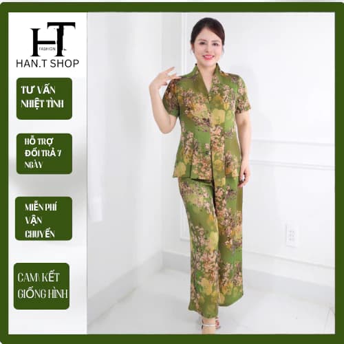 Set Đồ bộ trung niên cách điệu cho mẹ, áo có cổ, quần ống rộng, quần giả váy, chất lụa nhập HAN.T Shop Ms30
