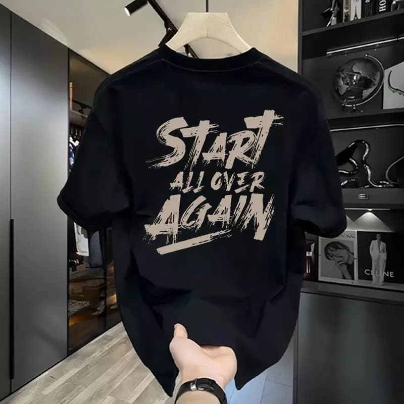 Áo thun nam tay lỡ HappyFamily tay ngắn START ALL OVER AGAIN Chất vải cotton 100 cao cấp