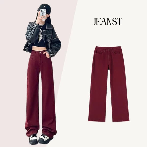 Quần Jean Ống Suông Đỏ Đô Nữ Basic Lưng Cao Tôn Dáng, Chất Jeans Dày Dặn Cao Cấp Form Chuẩn, Hottrend 2025