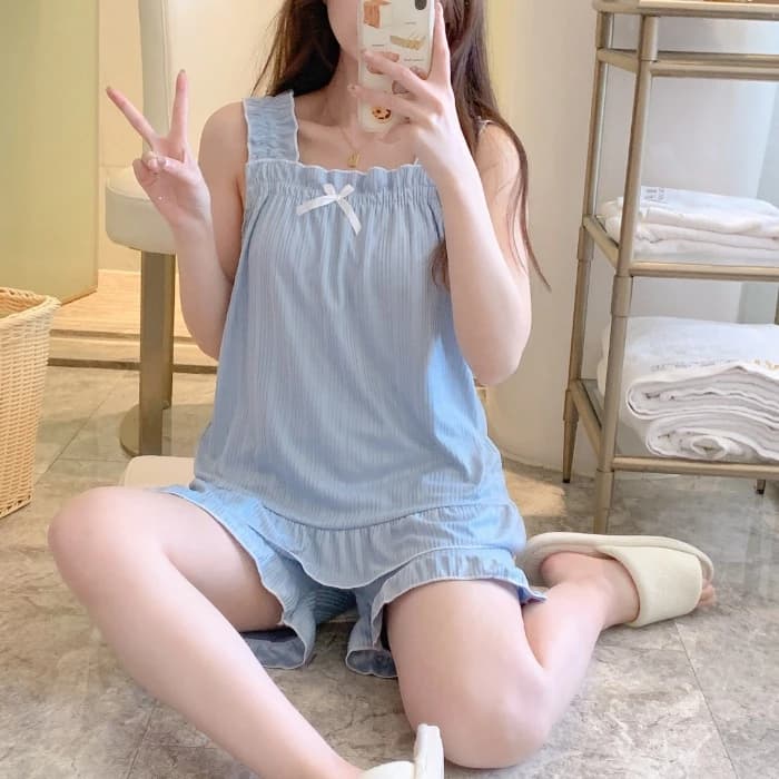 Bộ ngủ hai dây đồ bộ mặc nhà dễ thương chất thun cotton mềm mát phong cách hàn quốc
