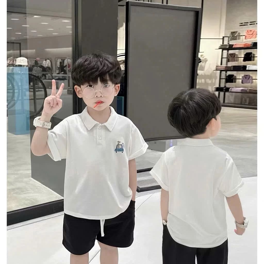 Bộ Quần Áo Cộc Tay cổ Polo In Gấu chất Cotton mềm mát cho bé từ 8-26 kg
