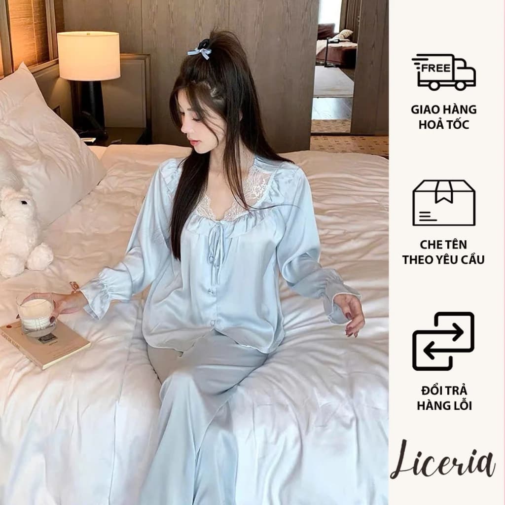 Bộ Đồ Ngủ Nữ Cổ Bèo Liceria Quần Dài Tay Dài Cổ Phối Ren Phong Cách Cung Đình Chất Lụa Mềm Mát
