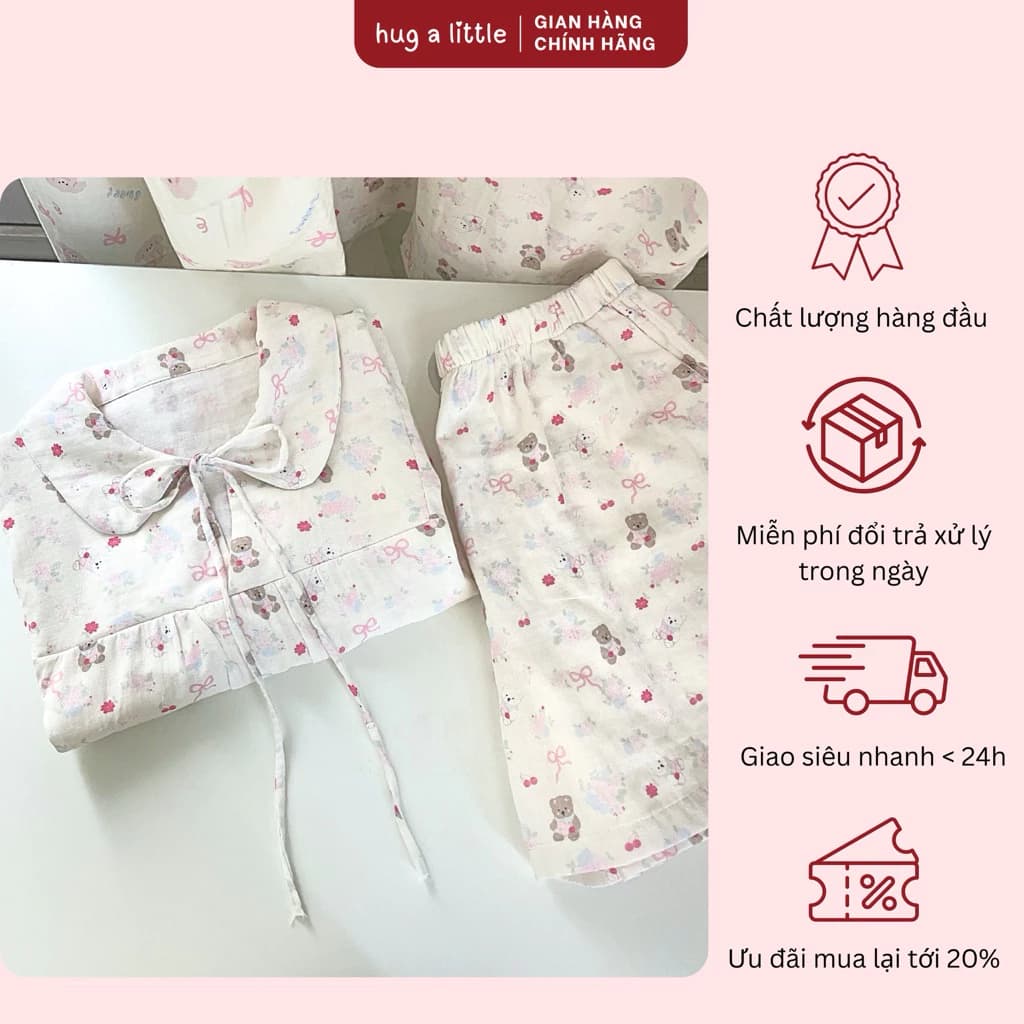 Đồ Ngủ Nữ Local Brand Pijama Gấu Dây Nơ - Cotton 100%,Form Rộng Mát, Lành Tính Với Da, Mặc Ở Nhà Cực Xinh