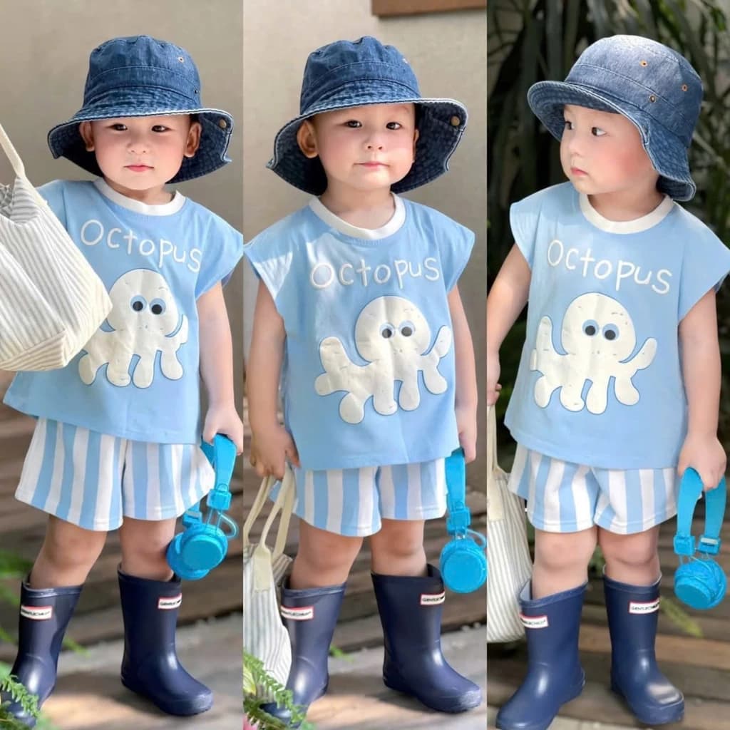 sét bộ cho bé trai bé gái họa tiết bạch tuộc xanh size 8-20kg