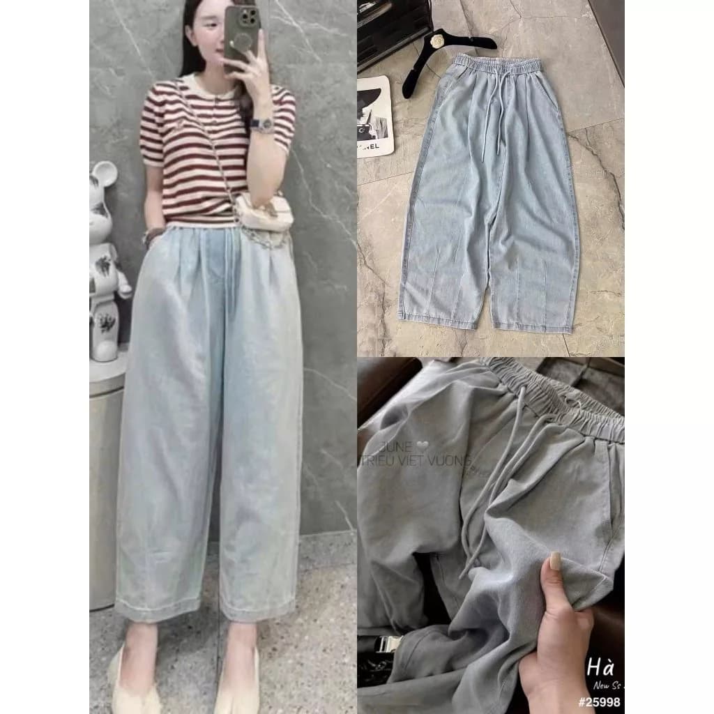 Quần Bò Baggy Jeans Phối Lưng Chun , Quần Bò Jeans Denim Nữ Trơn Màu Xanh Nhạt Cạp Cao Dáng Baggy Phong Cách Ulzzang