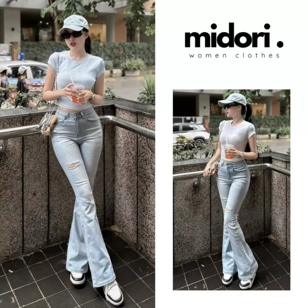 Quần Jeans Nữ Ống Loe Xước Rách Gối Co Giãn S038, Quần Bò Jean Nữ Ống Loe CẠP CAO Midori Fashion
