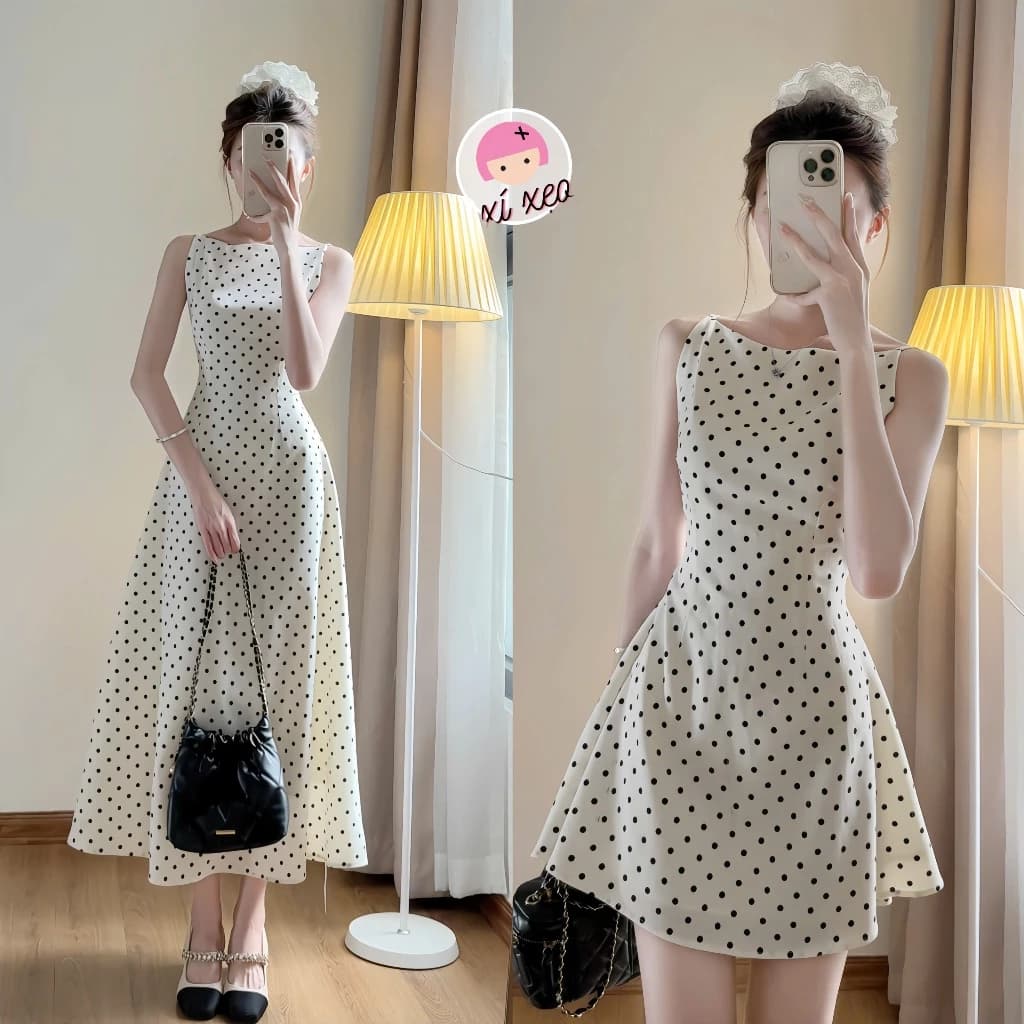 Váy cổ thuyền họa tiết chấm bi dáng xòe chất chéo hàn quốc xixeoshop - V172 chấm bi