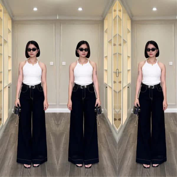 Quần Jean Nữ Suông Ống Rộng Màu Xanh Đen Chỉ Nổi Lai 5cm Lưng Cao (Dài 105cm)