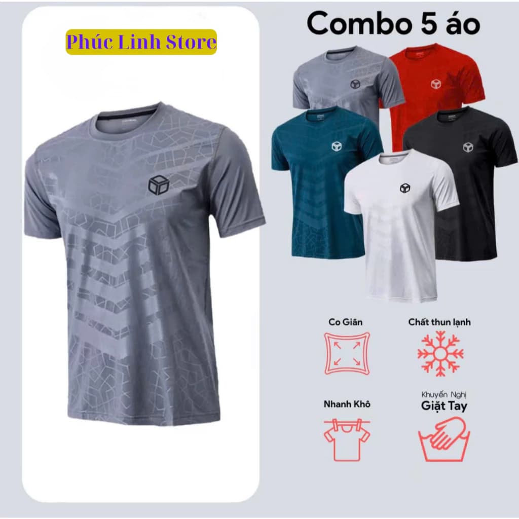 [Giảm Giá ] Combo 5 áo thun thể thao nam giá rẻ, chất vải thun lạnh tay cộc cổ tròn co giãn 4 chiều, vân nổi 3D đẹp mắt.