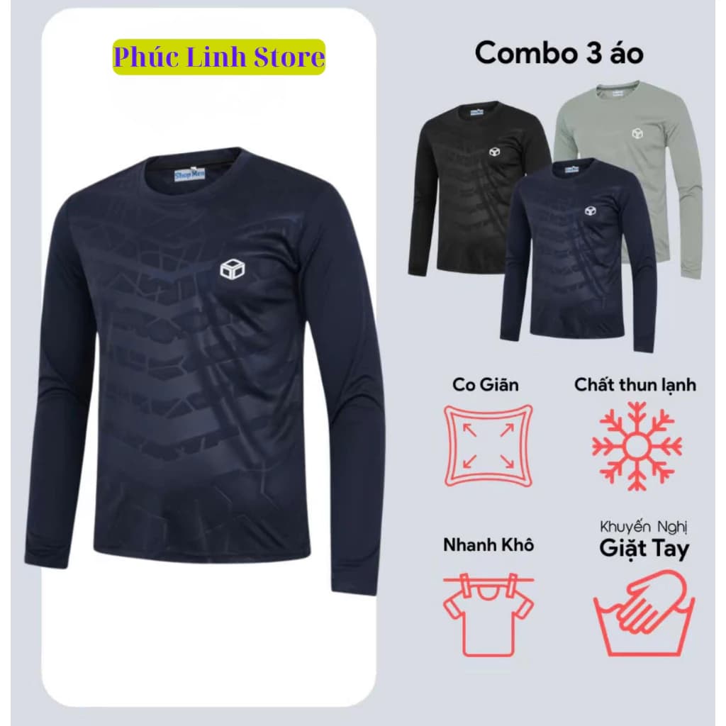 Combo 3 áo thun nam dài tay, chất liệu thun lạnh, co giãn tốt, vân nổi 3D đẹp mắt, logo đẹp, mặc giữ nhiệt, chống nắng.