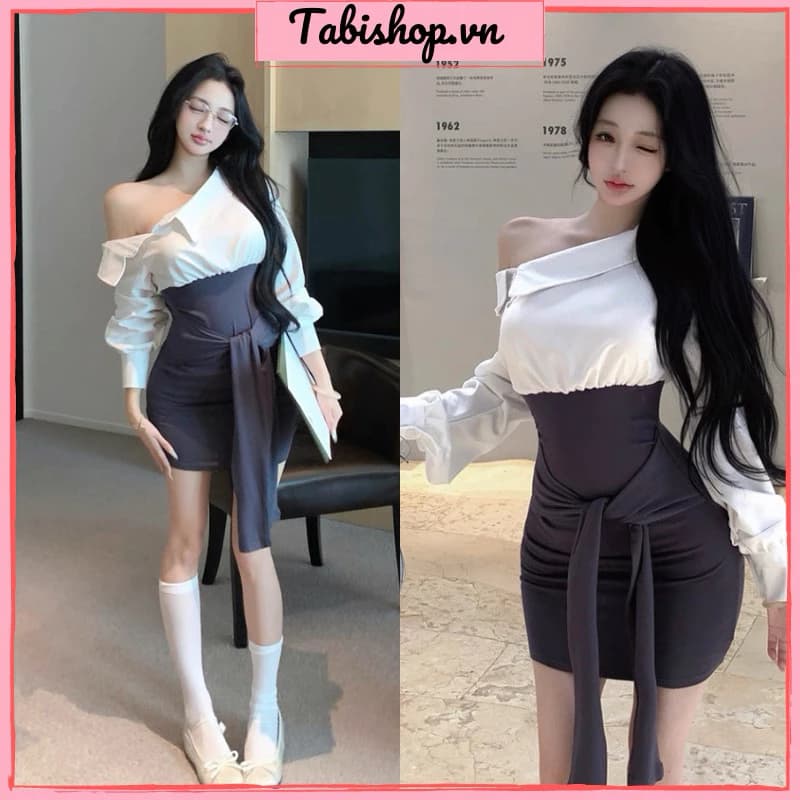 Đầm body sơ mi lệch vai tay dài TABISHOP Váy body nữ buộc dây eo lạ mắt đi học đi làm đi chơi(179)