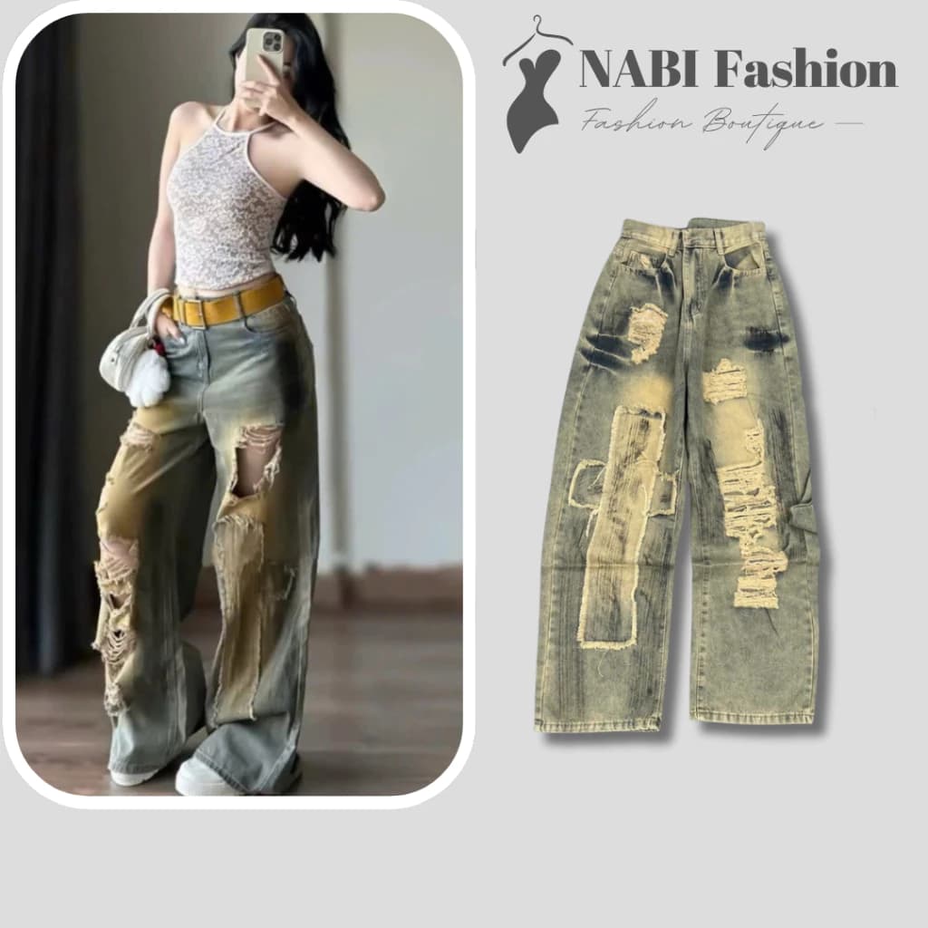 Quần Jean Ống Suông Nữ Rách Wash Bụi Vàng , NABI Fashion Lê From Ôm Eo Tôn Dáng , Đủ Size S M L XL