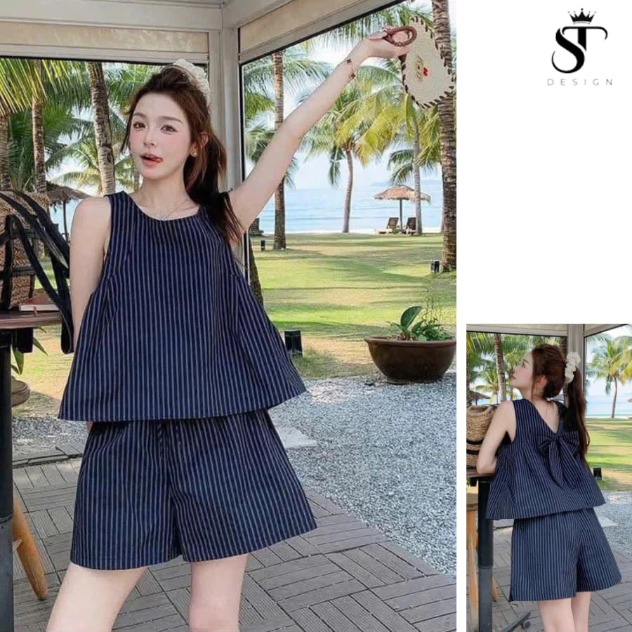 Set bộ sọc phối nơ không tay- có thể mặc 2 kiểu Thời trang nhẹ nhàng Phong cách trẻ trung ST Design- 25