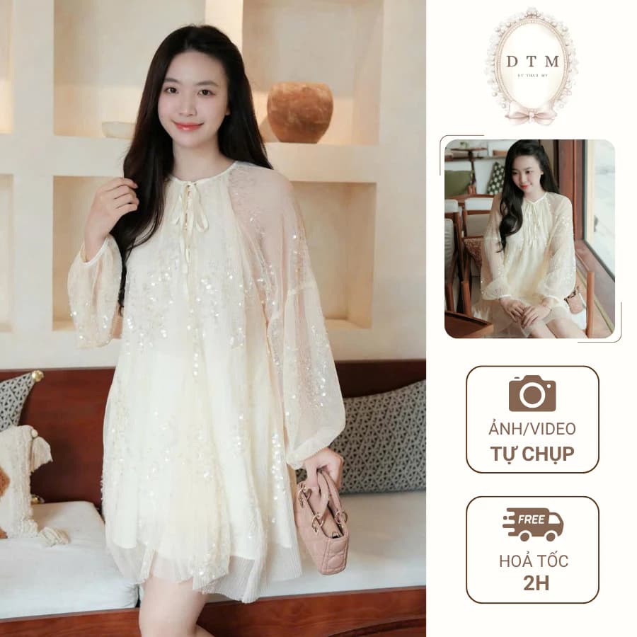 Váy tiểu thư lấp lánh vàng be form rộng sang chảnh đi chơi, đi tiệc - Fleur Dress