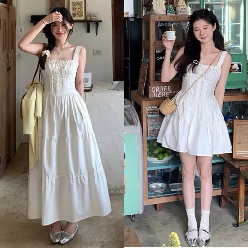 (V.02) Váy Kaki Trắng 2 Dây Nhúm Ngực Ly Eo Chun Lưng Dễ Mặc 2 Form Ngắn Dài Váy Maxi Đi Biển, Du Lịch, Đi Chơi Lollaye