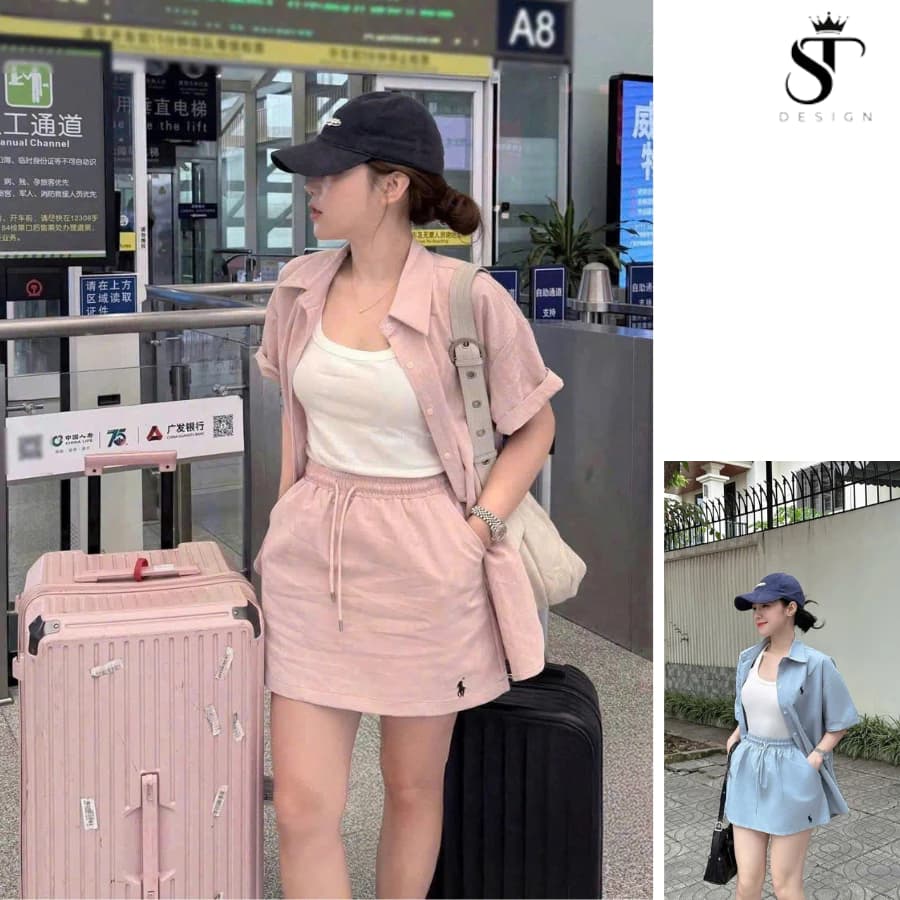 Set áo sơ mi + Chân váy năng động tặng kèm áo quây đi du lịch, đi chơi, đi cà phê - ST Design - 23