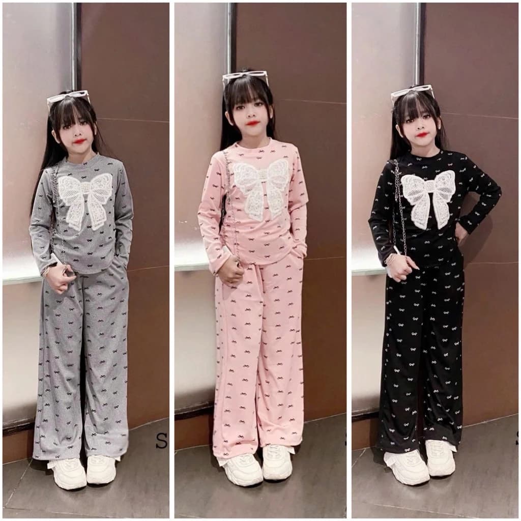 (13-43kg) Bộ Quần Áo Thu Đông Dài Tay IN HÌNH NƠ Dành Cho Bé Gái 13-43kg Chất Liệu TĂM LẠNH Mềm Mịn Co Dãn Thoải Mái