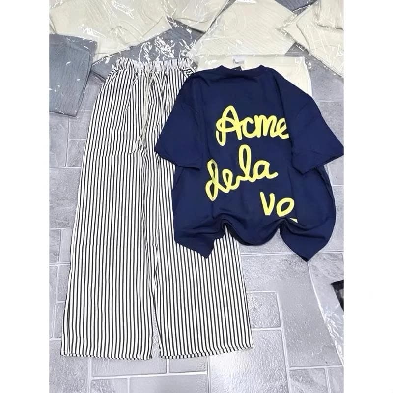 Set bộ  quần  DÀI kẻ  sọc đen trắng ống rộng  + Mix kèm áo phông tay lỡ  IN CHỮ ACME