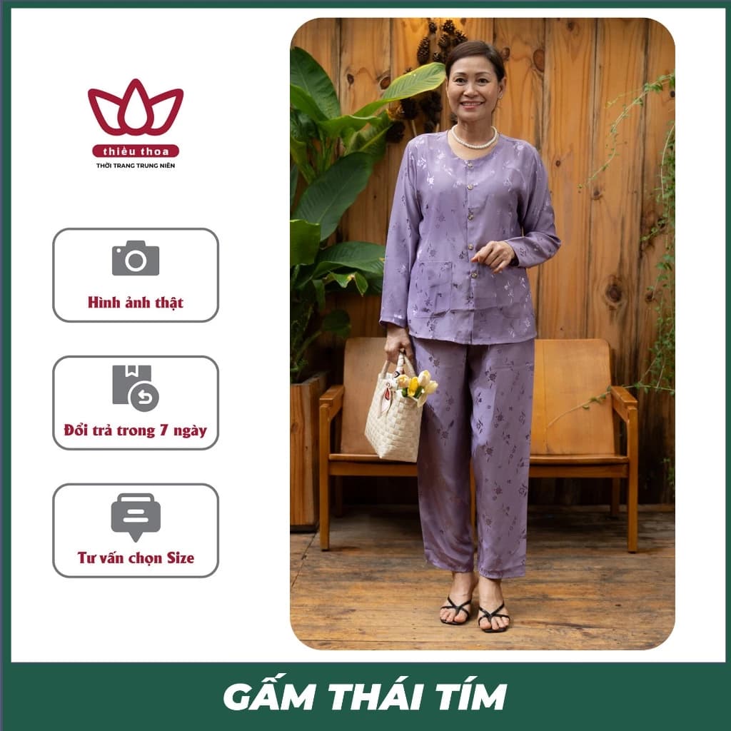 Bộ Đồ Gấm Thái Lụa Trung Niên Tay Dài Cho Mẹ Cao Cấp Vải Mềm Mịn Thoáng Mát - Thiều Thoa Store
