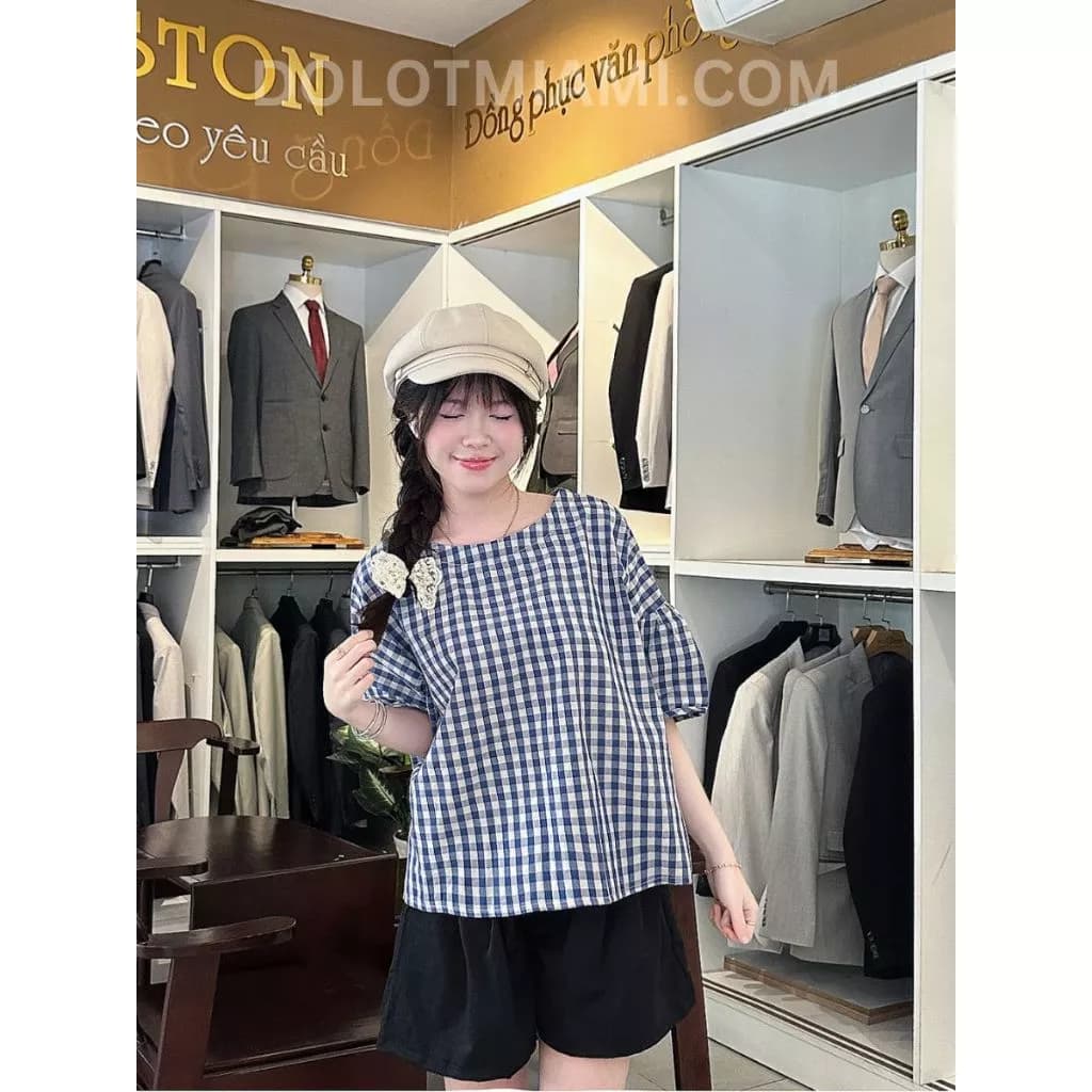 [ẢNH THẬT] Áo Babydoll - Áo kiểu nữ thiết kế tay lửng Caro xanh, caro đen