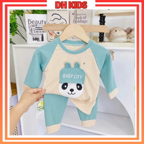 [ D08 ] Bộ quần áo dài cho bé chất gân tăm dày dặn in hình gấu nón đáng yêu dành cho bé trai bé và bé gái - DH KIDS