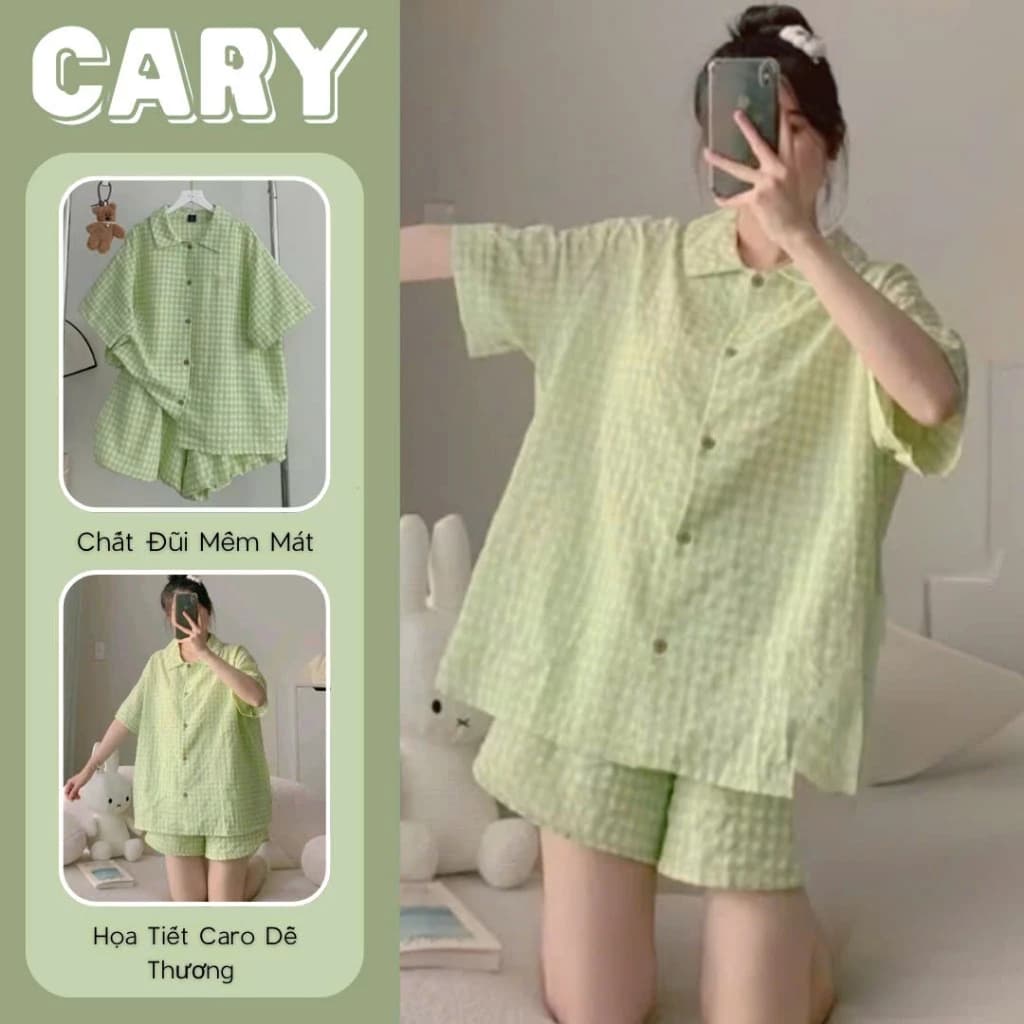 Set đồ bộ mặc nhà pyjama kẻ caro tay cộc quần đùi chất đũi xốp mềm mát, bộ đồ ngủ CARY