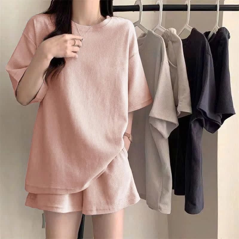 Set Đồ Nữ Cotton Tổ Ong Sài Gòn, Bộ Quần Đùi Áo Form Rộng Tay Lỡ Quần Ống Rộng Mặc Nhà, Đi Chơi