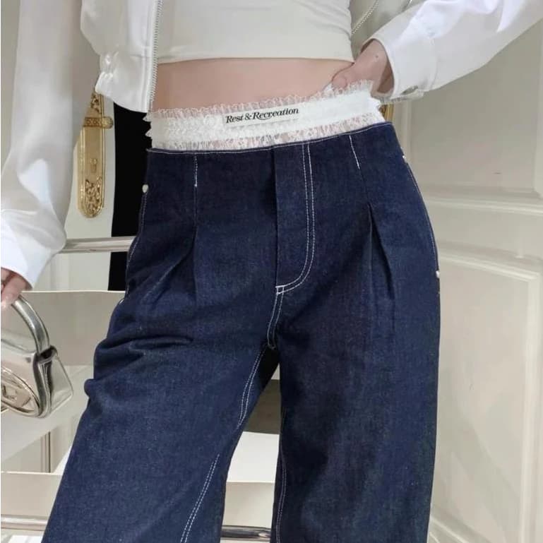 Hàn Quốc restandrecreation ren nối hai lớp quần đùi rộng eo cao RR Jeans cho nữ sinh