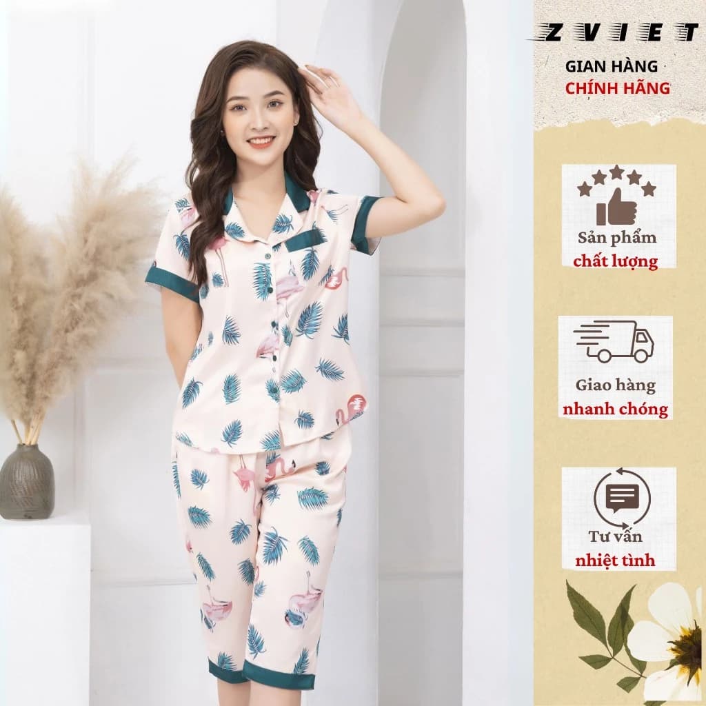 Bộ pijama cao cấp Zviet quần lửng chất liệu Lụa latin mềm mịn kiểu dáng nhẹ nhàng thanh lịch - CL12