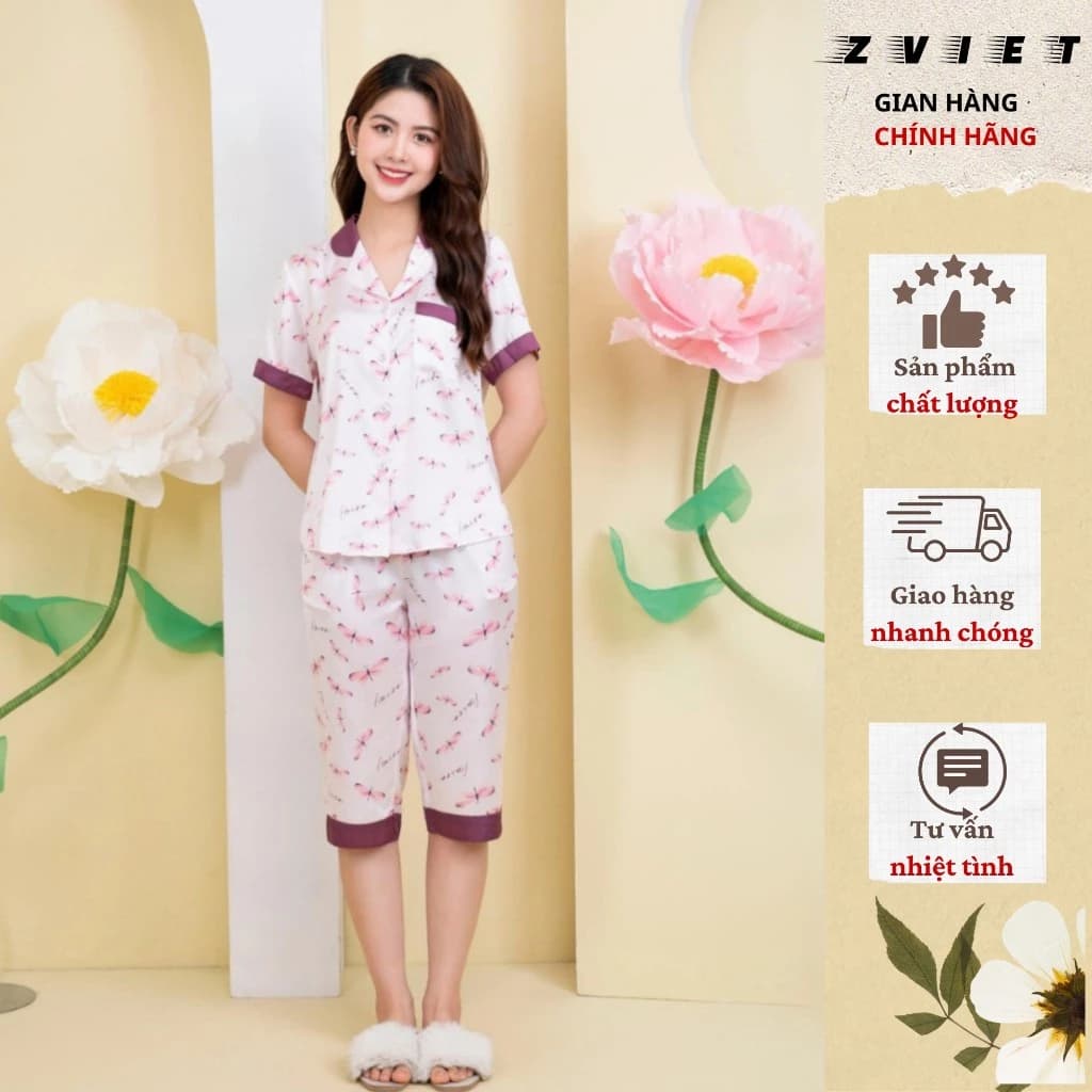 Bộ Pijama Quần Lửng  lụa latin cao cấp mềm mịn kiểu dáng nhẹ nhành thanh lịch trẻ trung Zviet 021