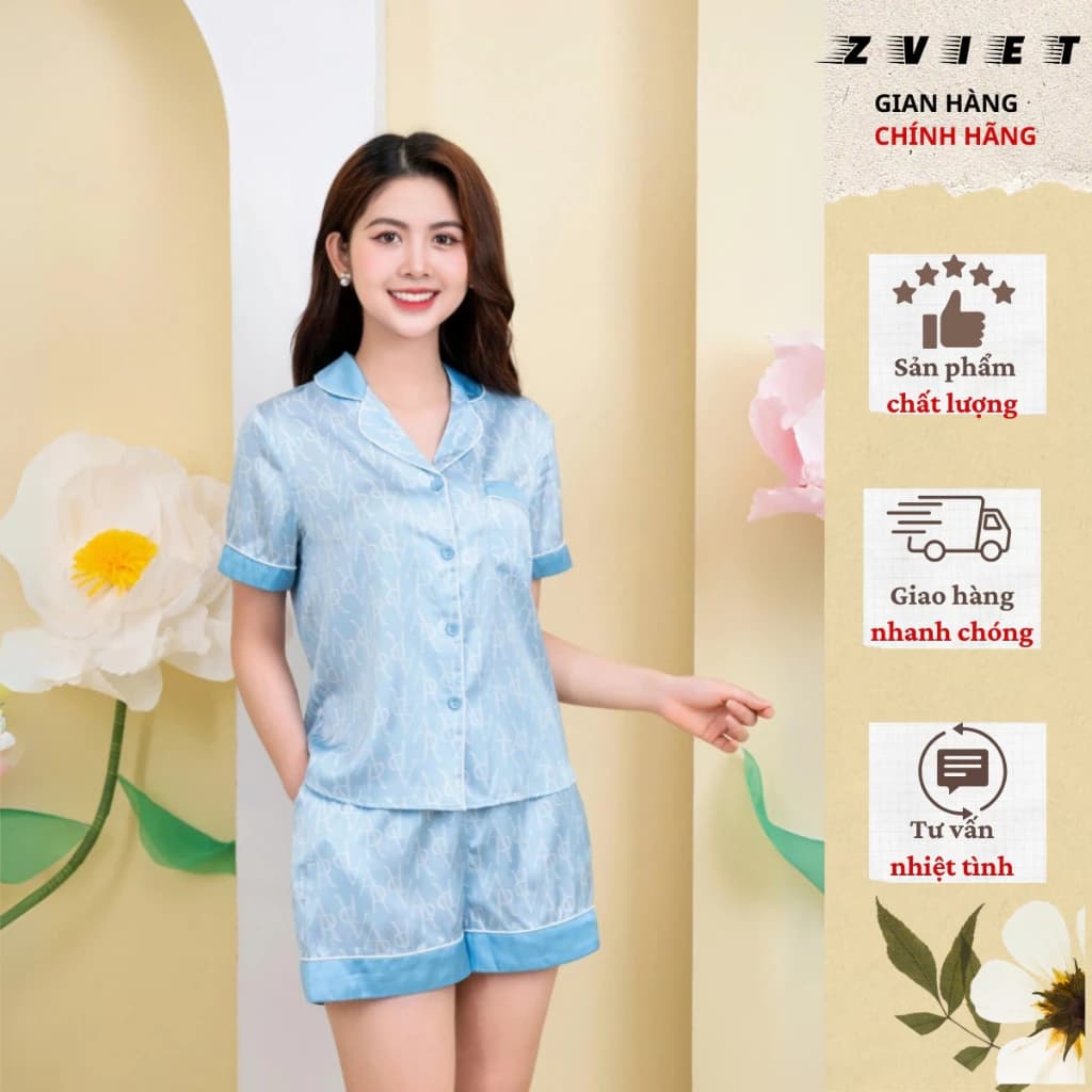 Bộ Pijama Nữ Lụa Cao Cấp Zviet Tay Ngắn Họa Tiết Dễ Thương Mặc Ở Nhà Mùa Hè Đồ Ngủ Nữ Mềm Mịn CĐ10